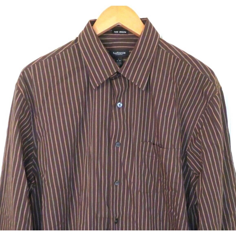 Van Heusen Men's Long Sleeve Dress Shirt Brown Striped No Iron - Size L 16-16.5